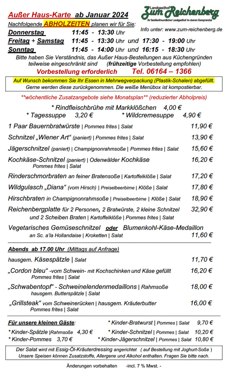 Landgasthof "Zum Reichenberg" - Speisekarte - Tageskarte
